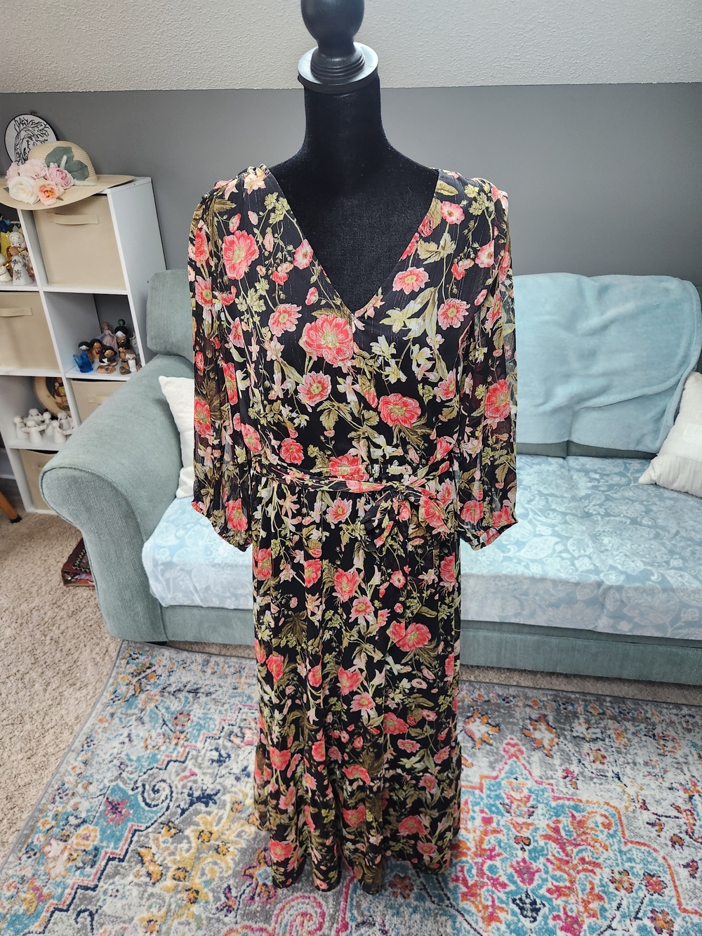 LC Lauren Conrad Black Floral Maxi Dress with Pink Flowers